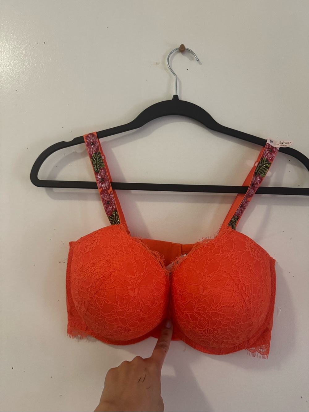 Victoria's Secret Bright Orange Lace Balconette Bra with Patterned Straps